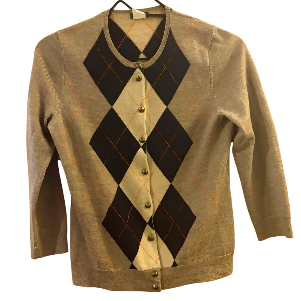 J.CREW Women Cardigan Sz S Argyle 100% Merino Wool Brown Black Preppy Academia